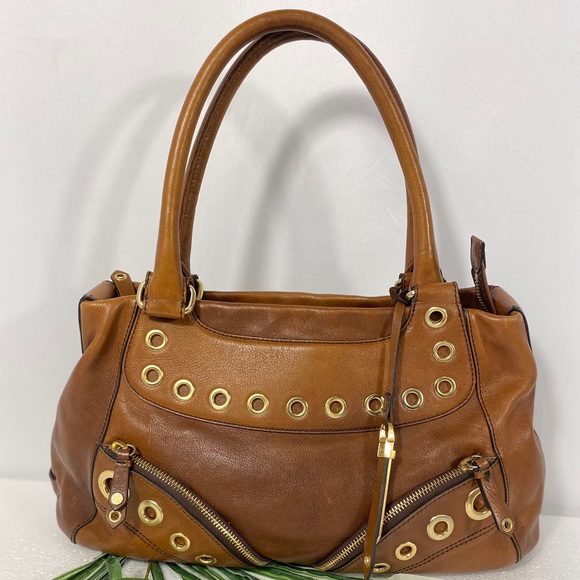 COLE HAAN SHOULDER BAG Brown Grommets and Zippered Front Pockets - Picture 1 of 9
